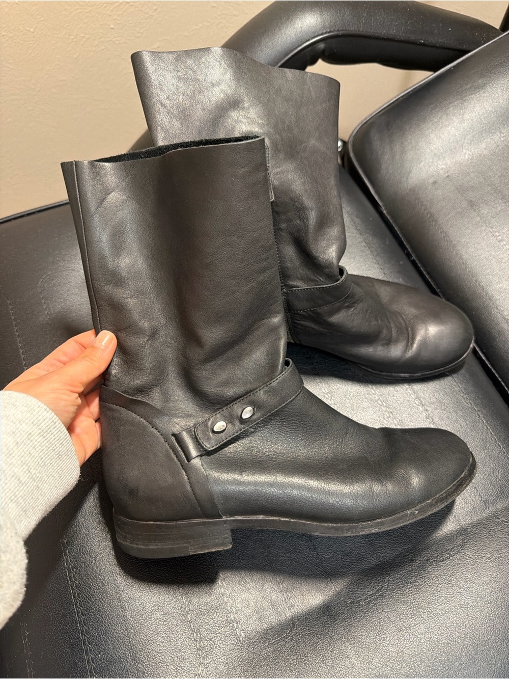 Eileen Fisher Black Leather Ankle Boots with Silver detailing